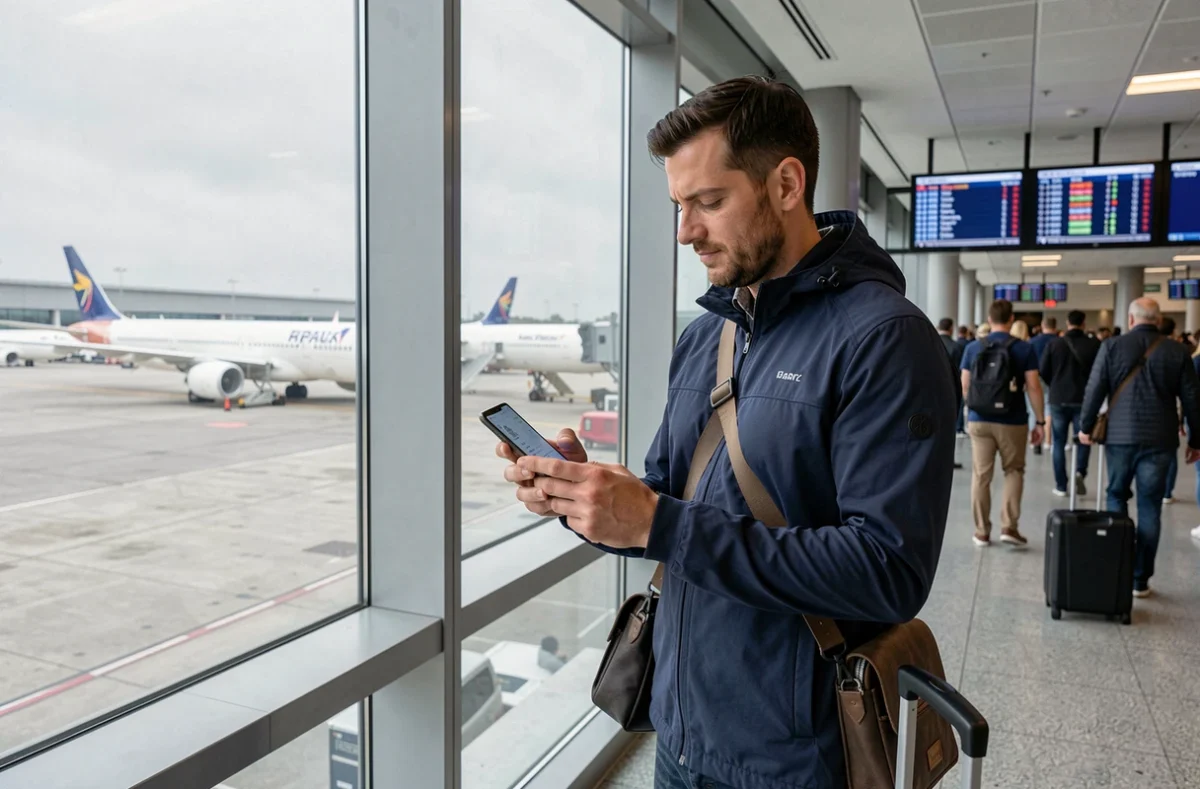 Voyageur utilisant le Samsung Galaxy S25 dans un aéroport international, test mobilité et navigation