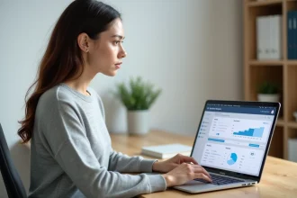 Femme utilisant un ordinateur portable pour gérer une sauvegarde de données dans le cloud depuis un bureau à domicile
