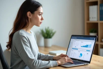 Femme utilisant un ordinateur portable pour gérer une sauvegarde de données dans le cloud depuis un bureau à domicile