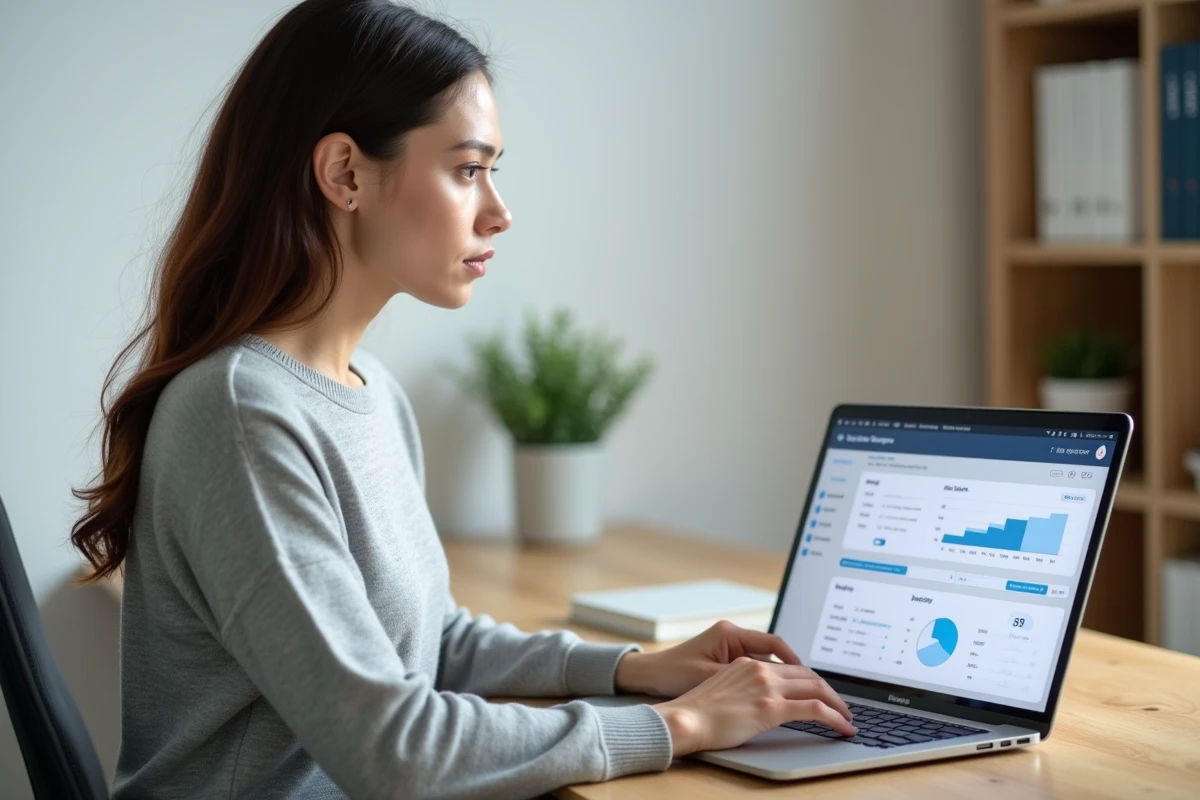 Femme utilisant un ordinateur portable pour gérer une sauvegarde de données dans le cloud depuis un bureau à domicile
