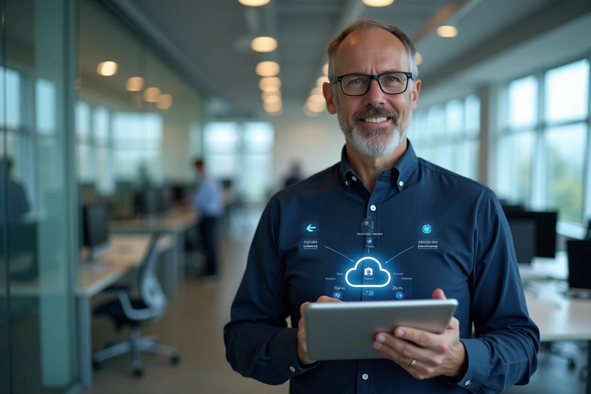 Homme en entreprise consultant un tableau de bord de sauvegarde cloud sur une tablette dans un open space professionnel
