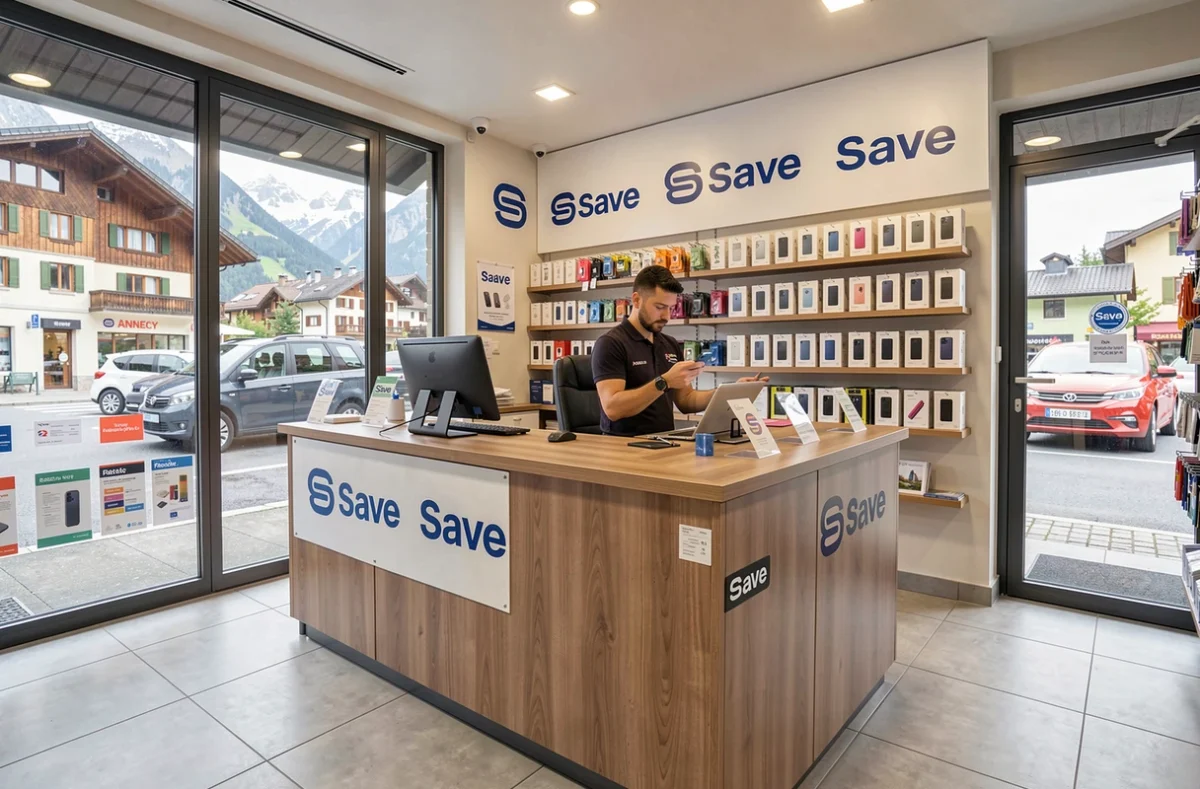 Boutique Save Annecy avec technicien testant un iPhone réparé derrière le comptoir de l'atelier local