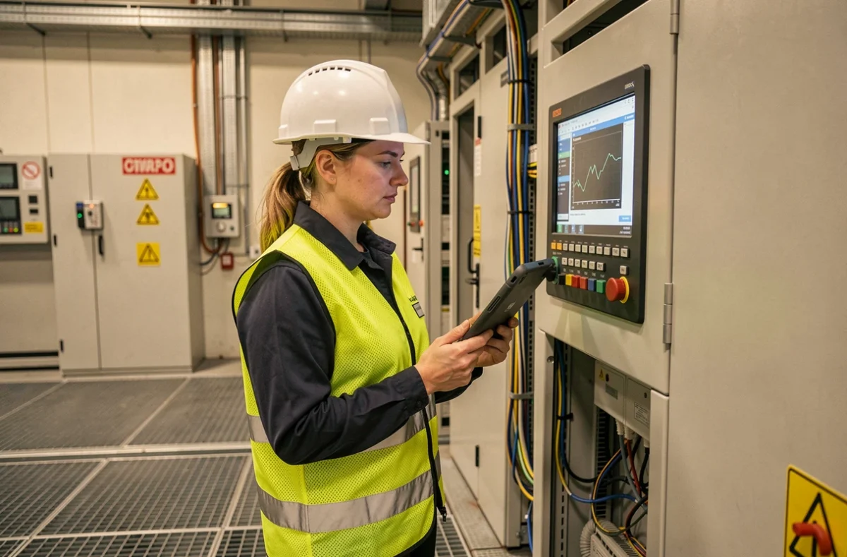 Ingénieure en cybersécurité industrielle de Sencybeo inspectant un système de contrôle automatisé dans une usine du Grand Est