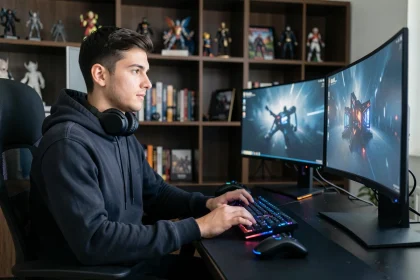 Gamer assis devant un setup double écran optimisé avec clavier mécanique et périphériques RGB dans un bureau gaming moderne