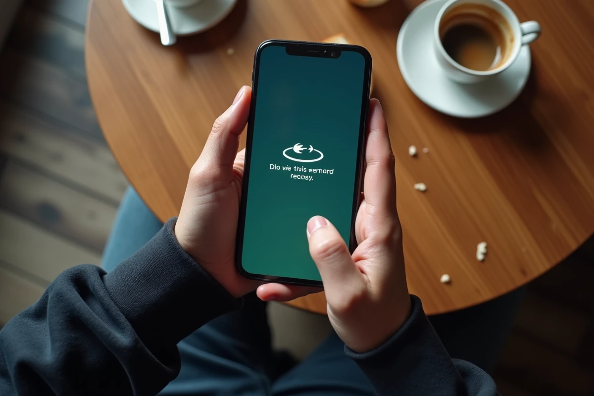 Gros plan de mains tenant un smartphone affichant un message d'erreur de site web dans un café