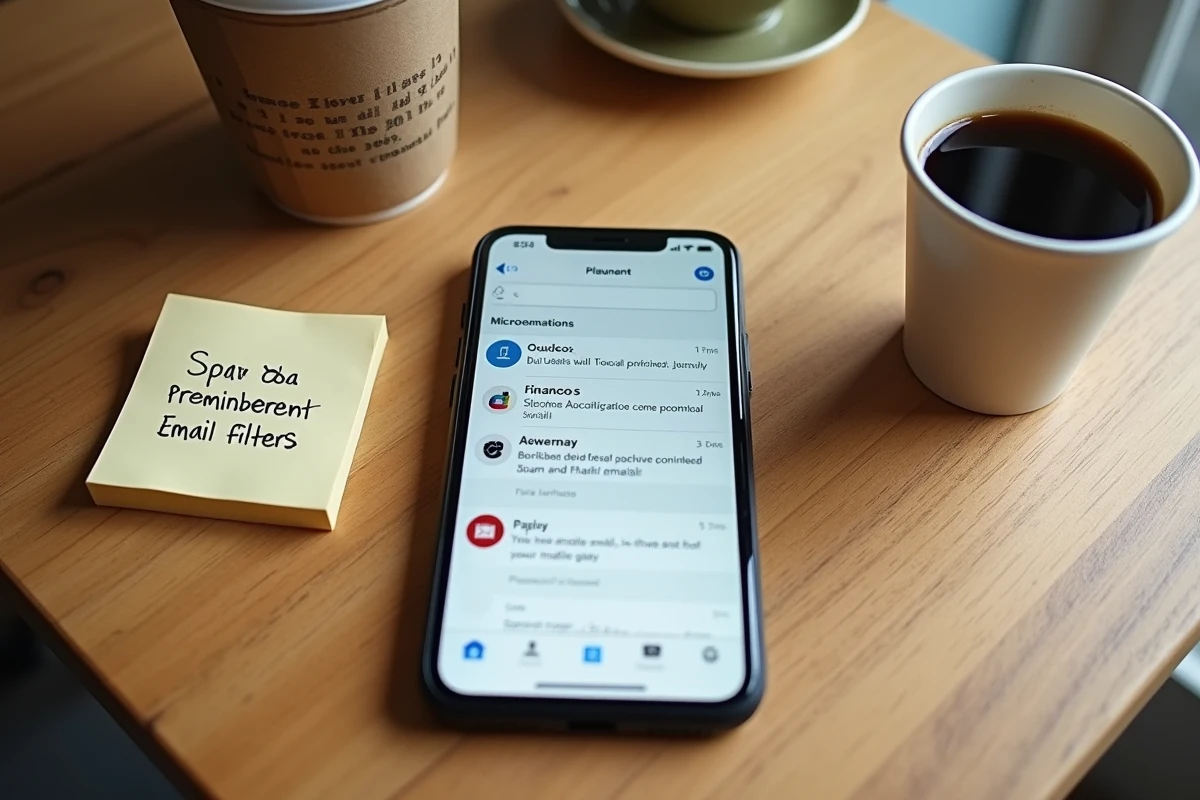 Vue aérienne d'un smartphone sur une table en bois affichant une boîte de réception Outlook envahie par des courriers indésirables dans un café