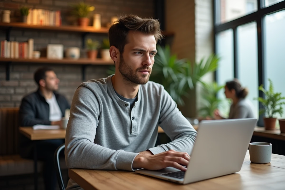 Entrepreneur comparant stratégie de contenu organique et publicité payante sur les réseaux sociaux dans un café indépendant