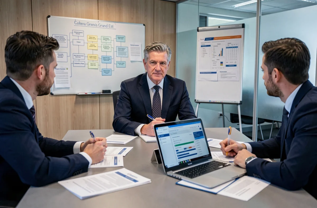Responsable conformité de Sopra Steria animant une session d'audit RGPD avec des collègues autour d'une table de conférence dans le Grand Est