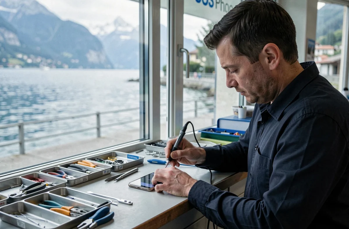 Technicien SOS Phone Thonon-les-Bains réparant un smartphone avec vue sur le lac Léman en arrière-plan