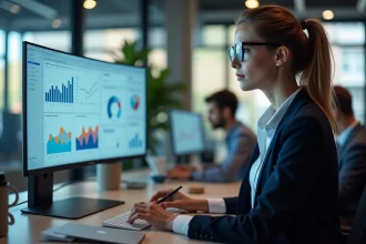 Spécialiste du marketing digital analysant des tableaux de bord de campagnes en ligne automatisées sur un écran d'ordinateur dans un bureau moderne