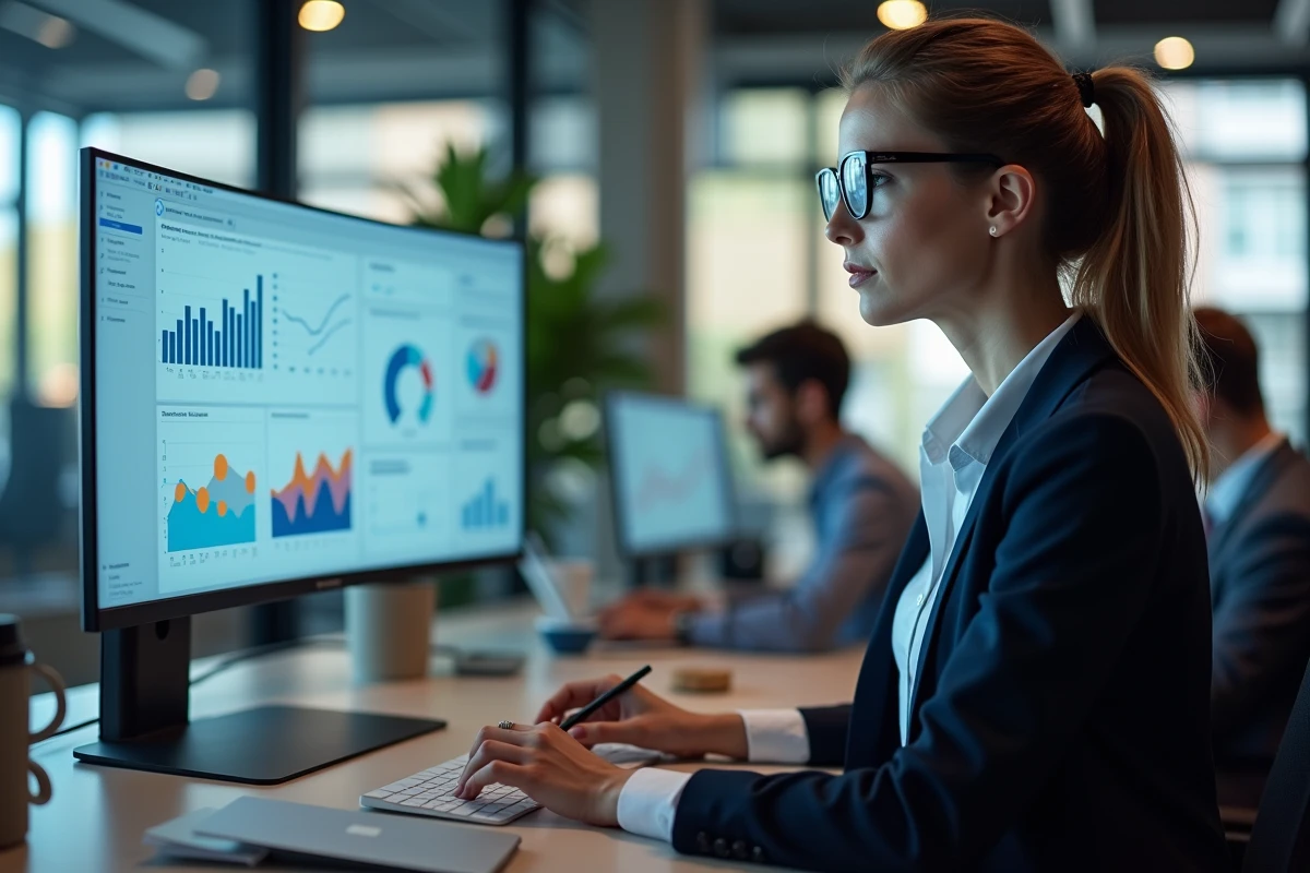Spécialiste du marketing digital analysant des tableaux de bord de campagnes en ligne automatisées sur un écran d'ordinateur dans un bureau moderne
