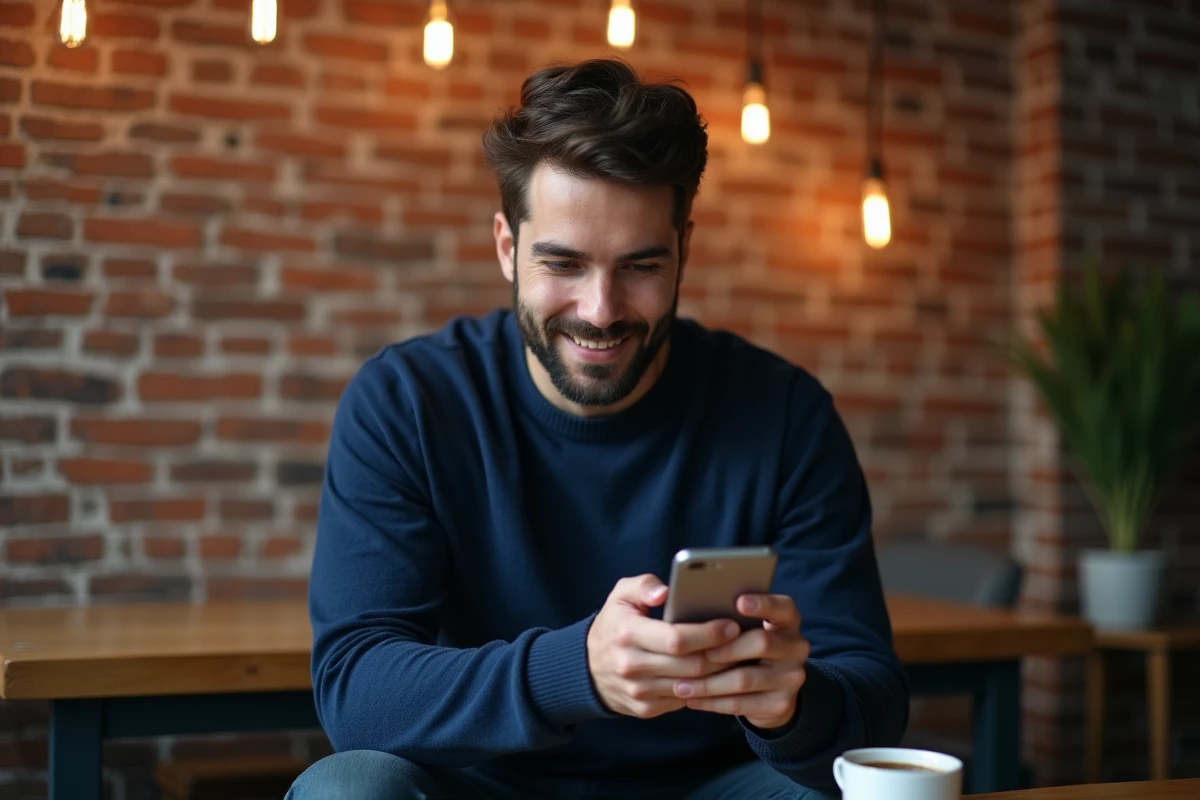 Jeune homme consultant les statistiques de son réseau social sur smartphone dans un espace de coworking