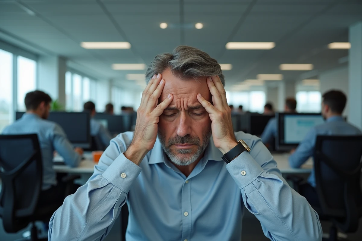 Homme stressé dans un open space entouré d'écrans illustrant la surcharge informationnelle et les risques psychologiques du travail numérique intensif