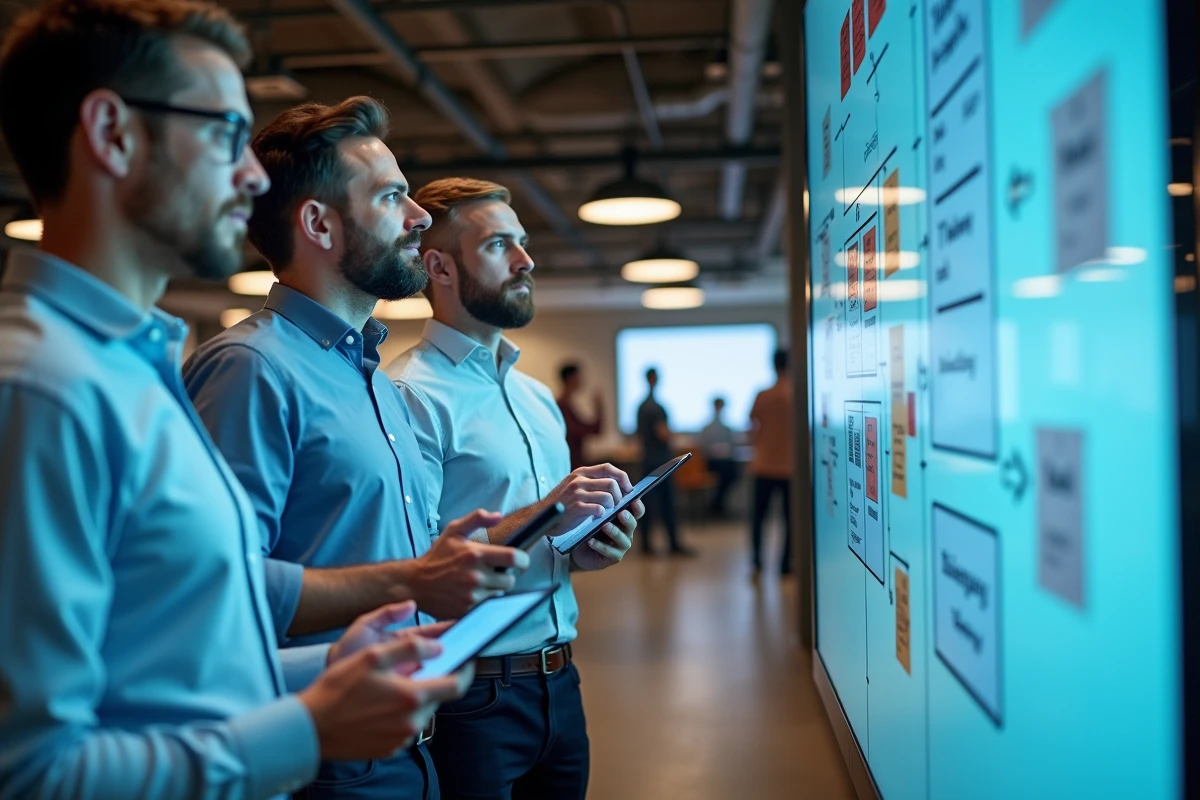 Trois collègues utilisant un tableau blanc interactif collaboratif dans un bureau de startup moderne