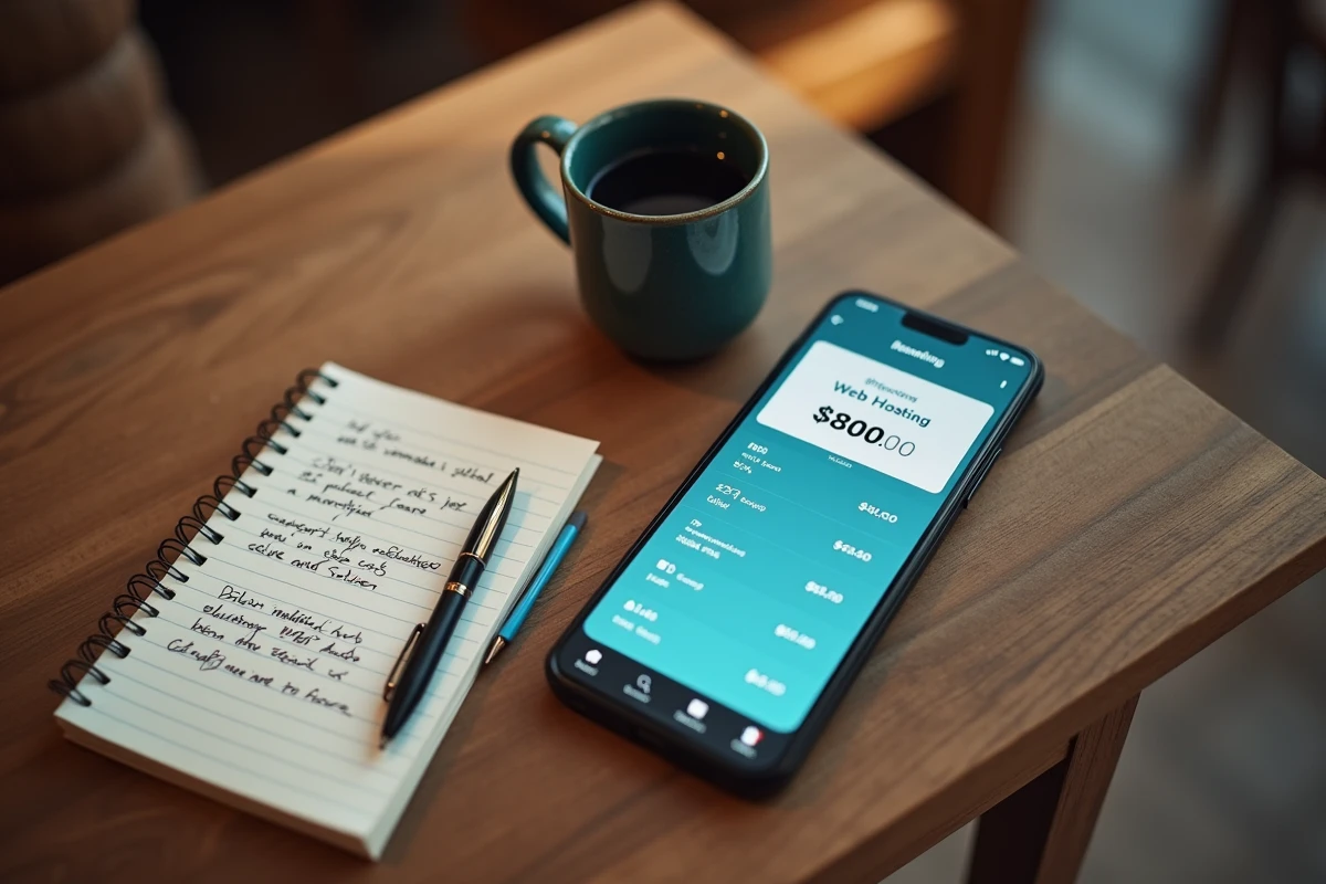 Vue de dessus d'un smartphone affichant des tarifs d'hébergement web bon marché avec un carnet de notes sur une table en bois