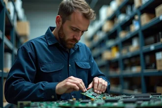 Technicien informatique examinant une carte mère avec puce BIOS dans un atelier de réparation professionnel