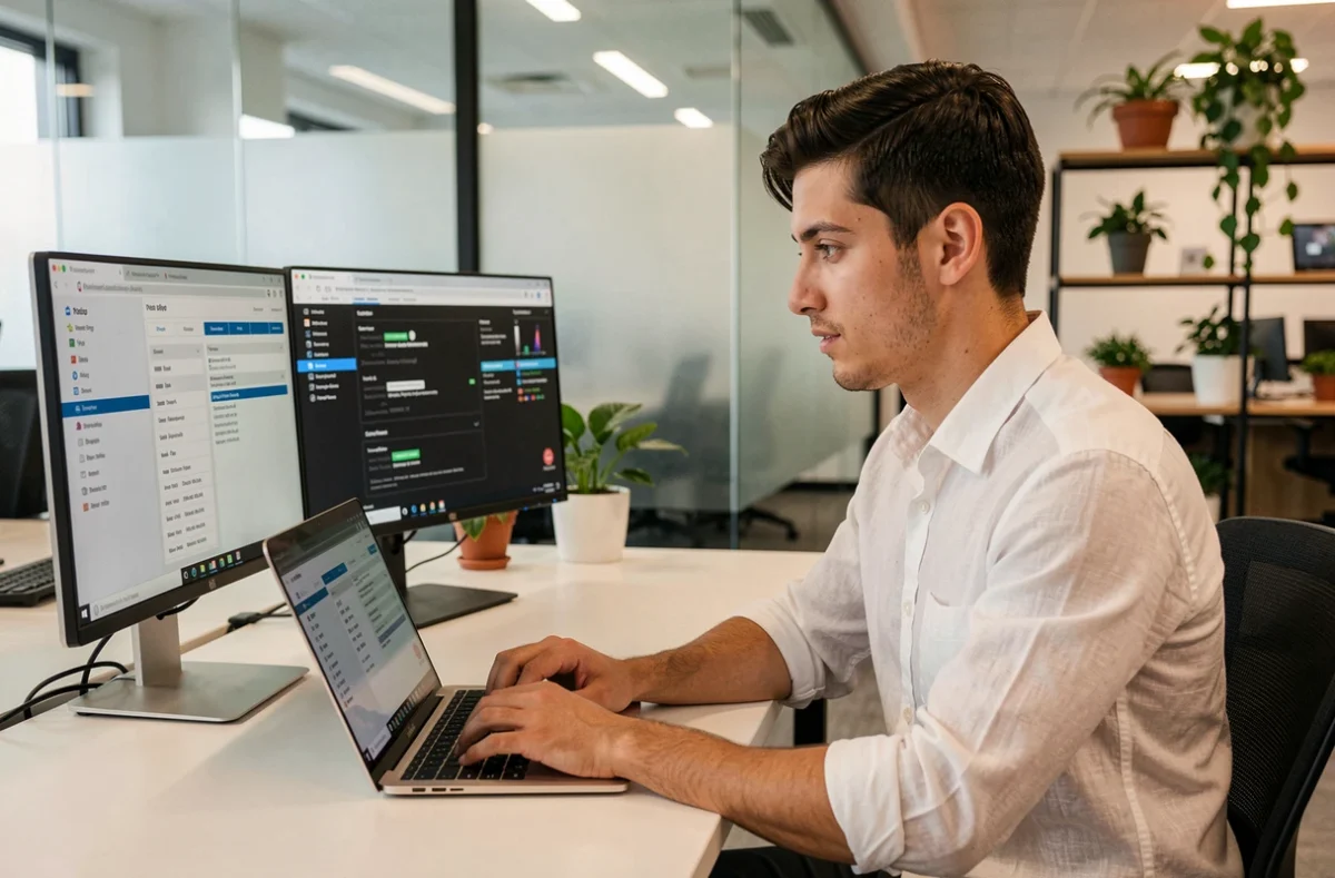 Technicien configurant les paramètres réseau sur un ordinateur portable en open space pour résoudre une erreur de connexion