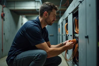 Technicien réseau inspectant un boîtier de distribution fibre optique dans un local technique, câbles orange visibles en gros plan