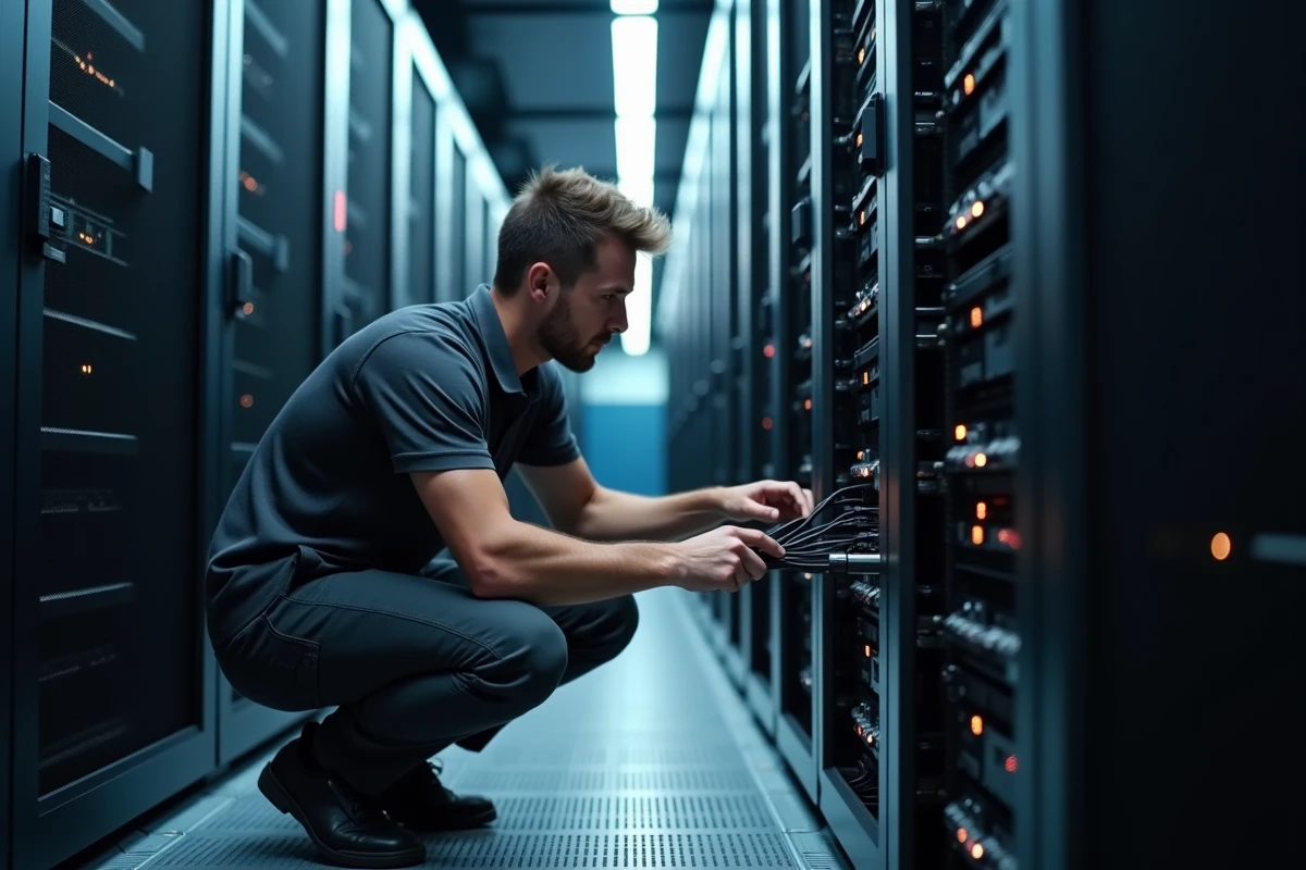 Technicien informatique inspectant un rack de serveurs dans un centre de données professionnel