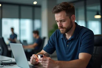 Technicien IT tenant un module de transmission LiFi connecté à un ordinateur portable dans un bureau moderne
