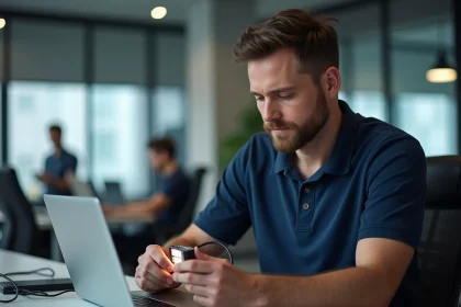Technicien IT tenant un module de transmission LiFi connecté à un ordinateur portable dans un bureau moderne