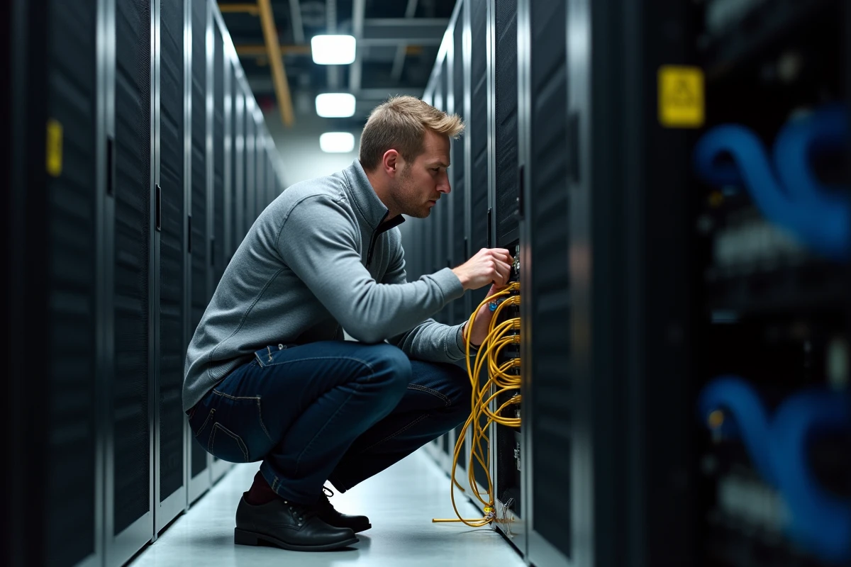 Technicien réseau configurant un panneau de brassage dans une salle de serveurs pour renforcer la sécurité informatique