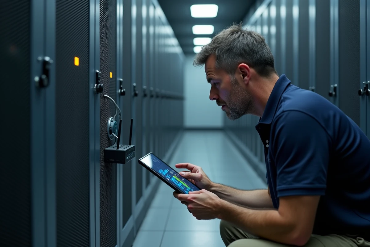 Technicien informatique inspectant un routeur Wi-Fi dans une salle de serveurs pour optimiser le réseau sans fil