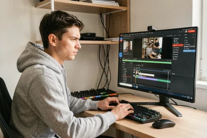 Jeune homme téléchargeant une vidéo YouTube en 4K sur son ordinateur de bureau avec un convertisseur MP4