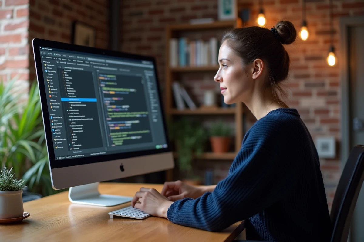 Femme en télétravail accédant à un bureau virtuel sur un grand écran depuis son domicile