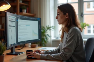 Femme en télétravail concentrée devant un écran d'ordinateur dans un bureau à domicile moderne