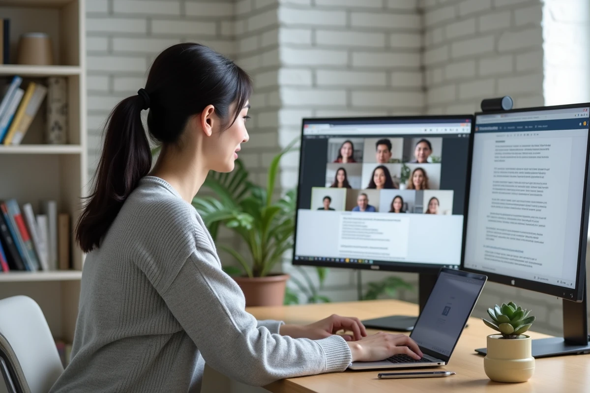 Femme travaillant à distance sur un système collaboratif avec vidéoconférence et document partagé sur double écran
