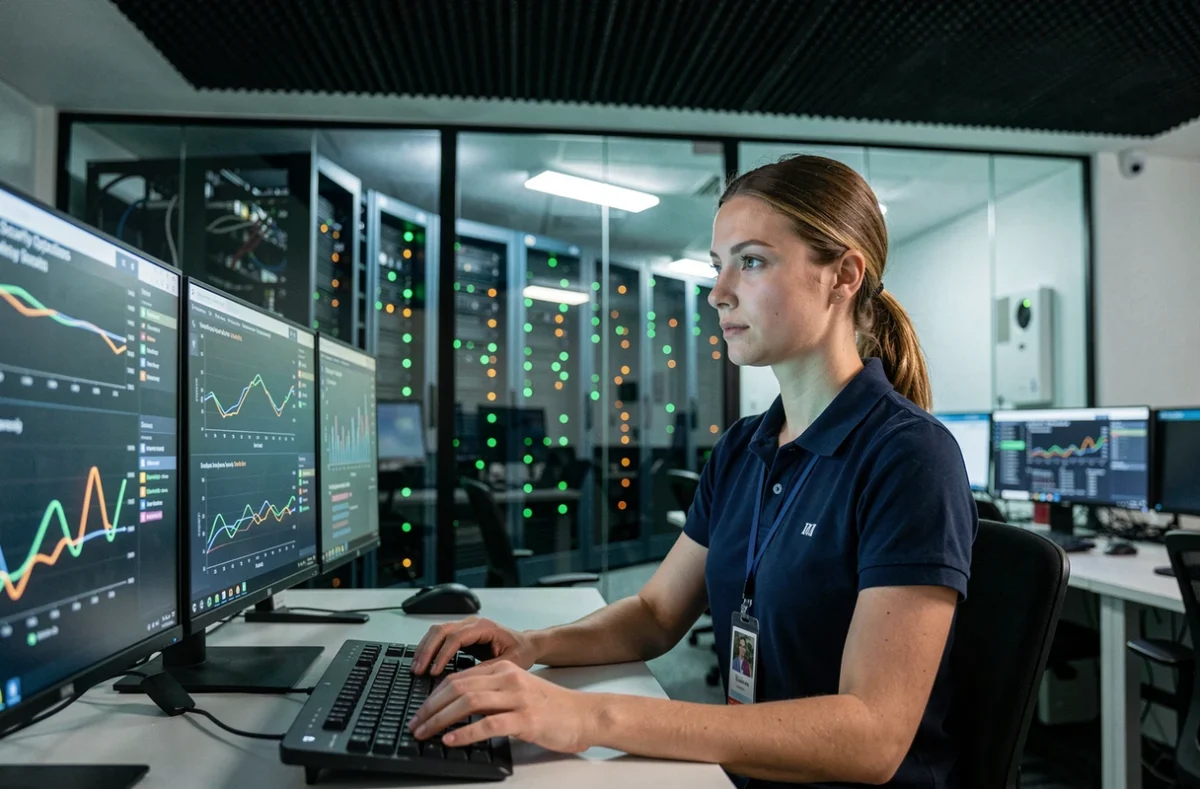 Analyste SOC féminine de TISCOM surveillant des alertes de sécurité en temps réel dans un centre opérationnel à Reims