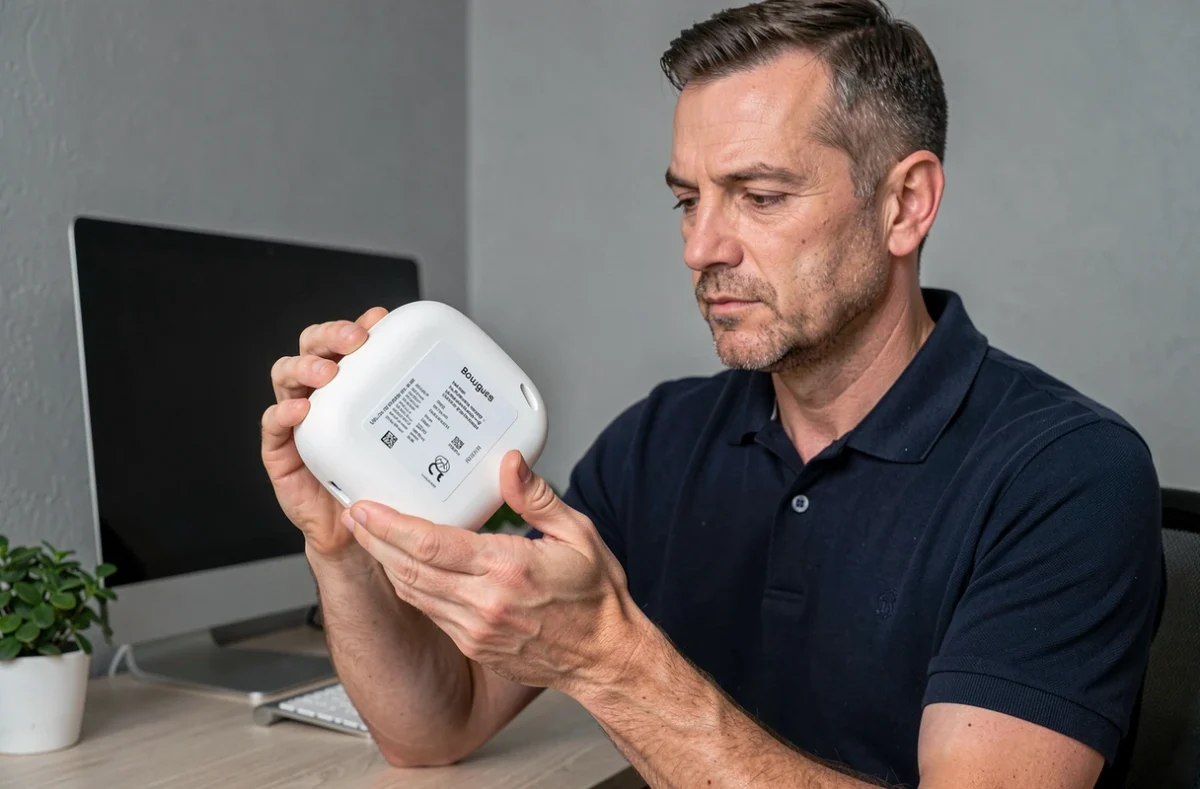 Homme lisant les informations WiFi sous une box internet Bouygues dans un bureau à domicile