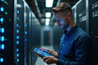 Ingénieur informatique analysant un schéma de déploiement cloud dans une salle de serveurs professionnelle en France