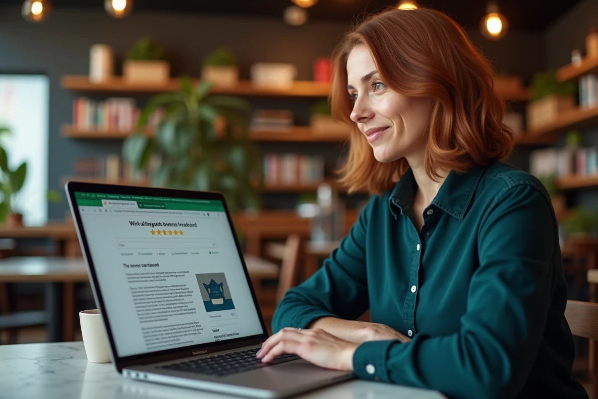 Une femme vérifie la légitimité d'Unbounce Pages sur son ordinateur dans un café urbain