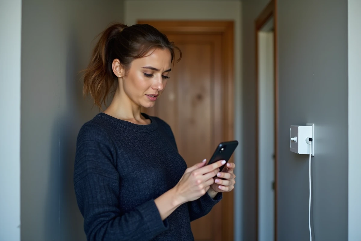 Femme vérifiant le signal WiFi sur son smartphone dans un couloir avec un répéteur branché au mur