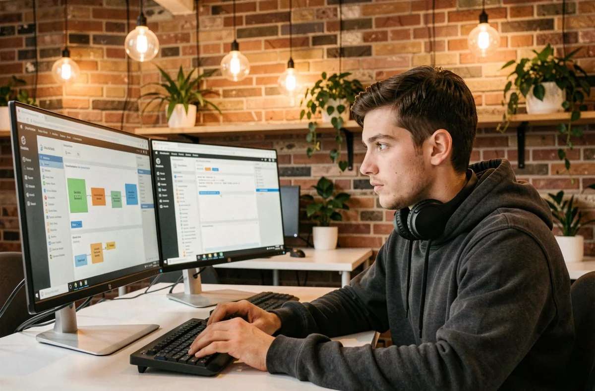 Développeur en sécurité numérique de Versumind codant des protocoles de protection sur double écran dans un espace de travail moderne à Strasbourg