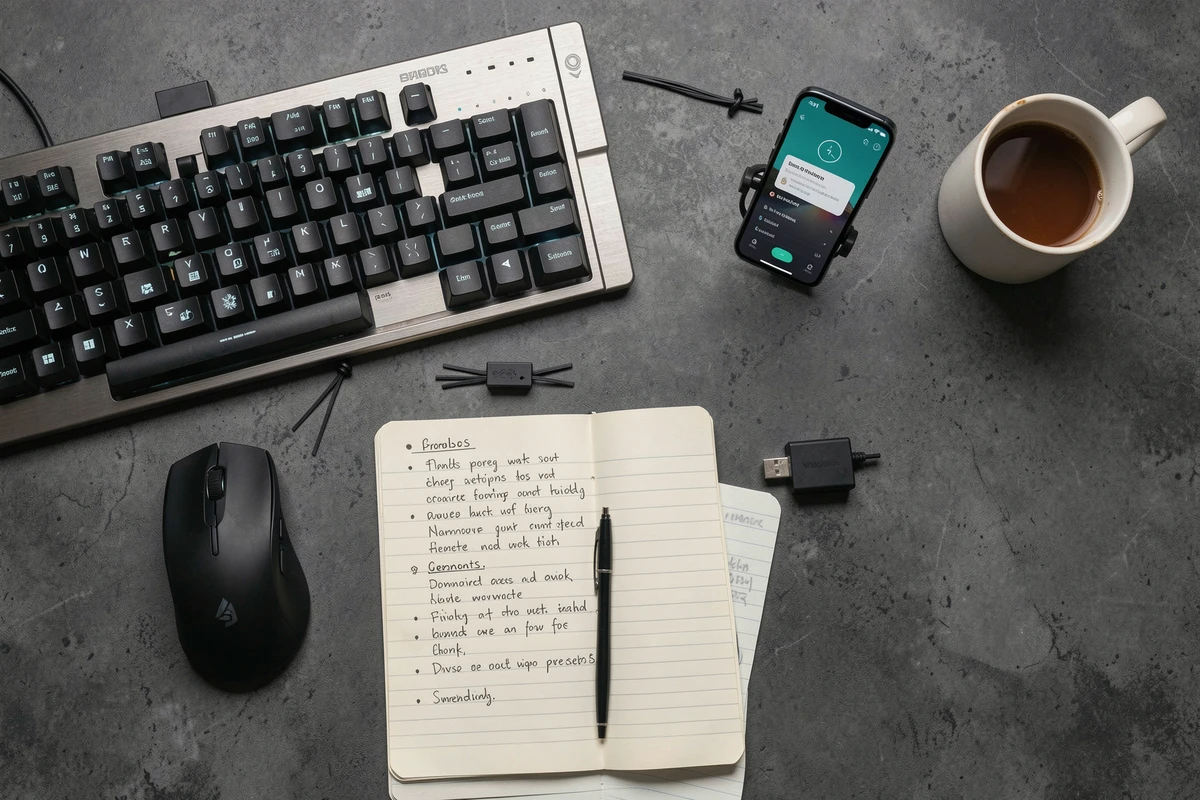 Vue aérienne d'un bureau gaming organisé avec clavier mécanique, souris, smartphone et accessoires pour optimiser son setup