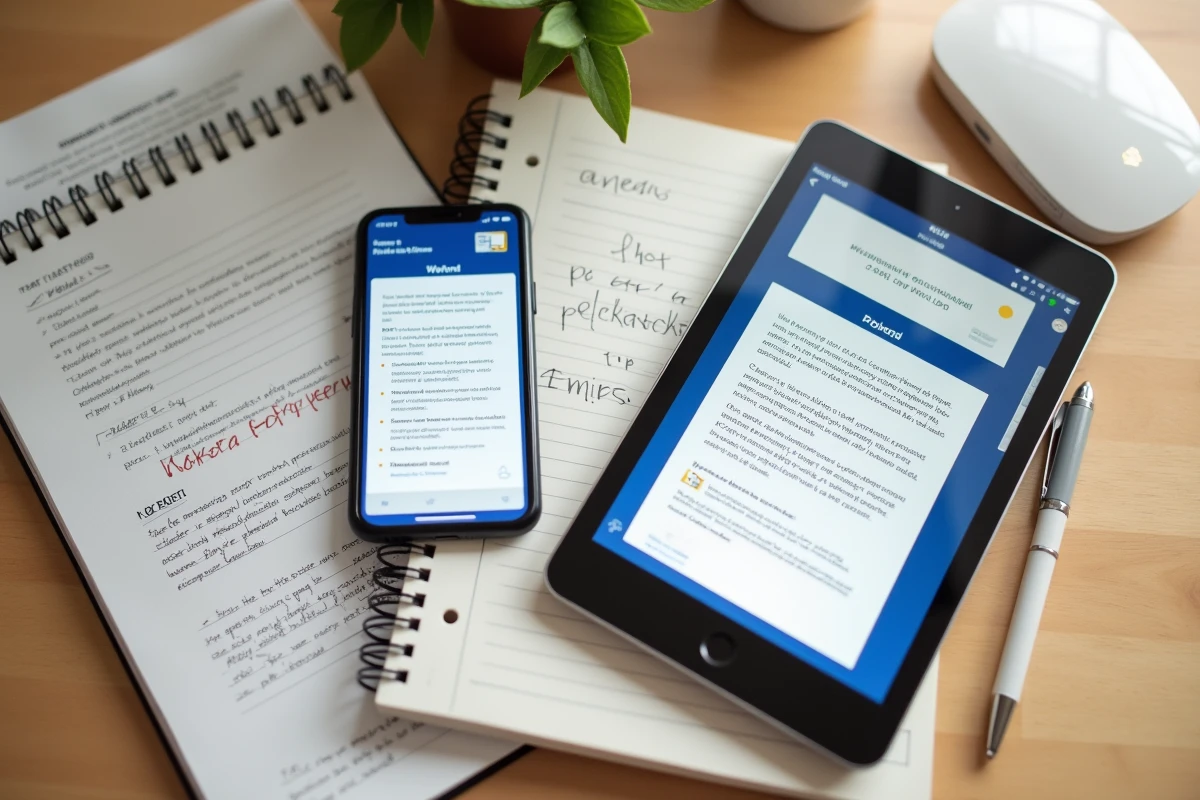 Vue aérienne d'une tablette et d'un smartphone affichant la conversion d'un PDF en Word sur un bureau en bois