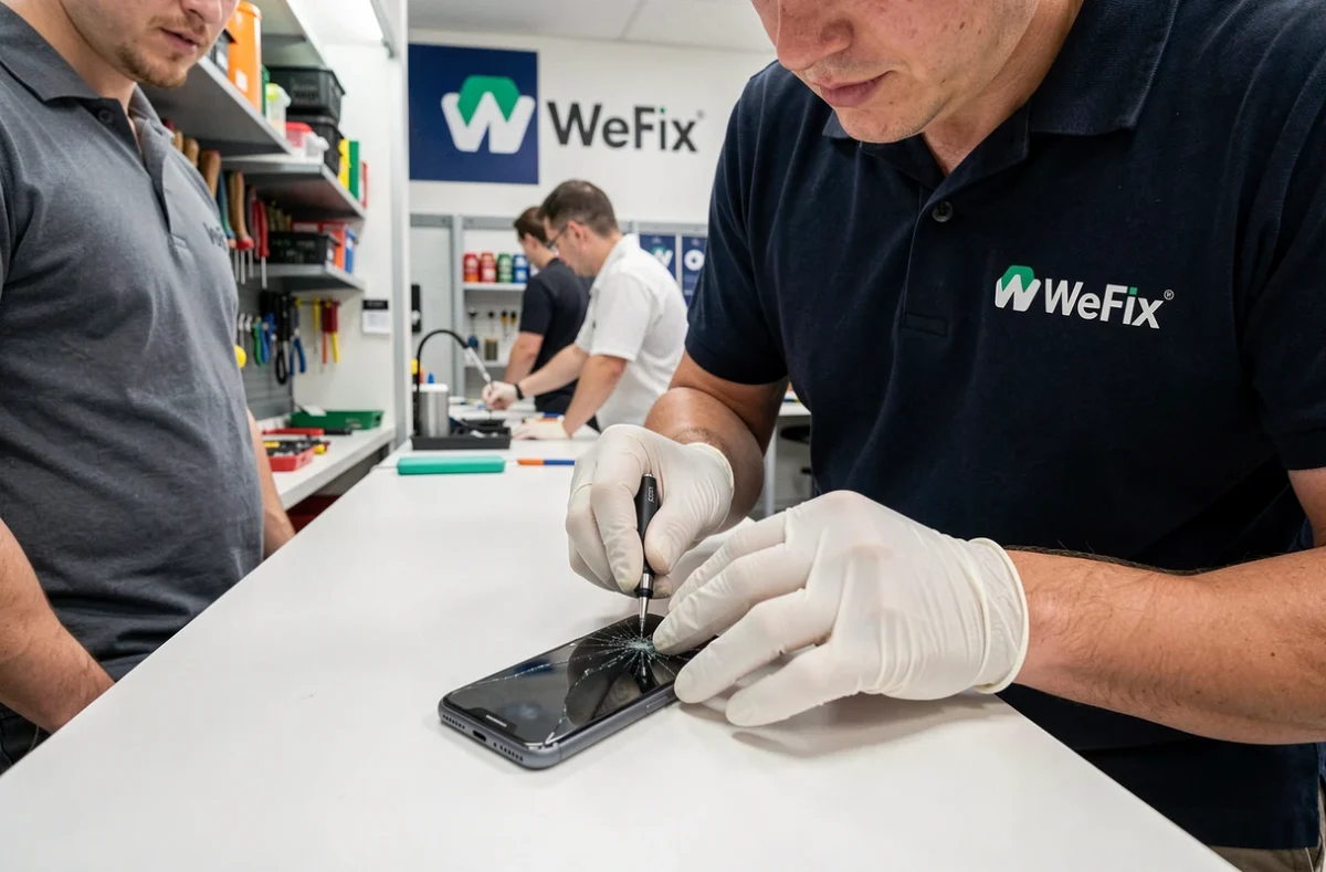 Technicien WeFix Annecy remplaçant l'écran d'un smartphone en express au comptoir