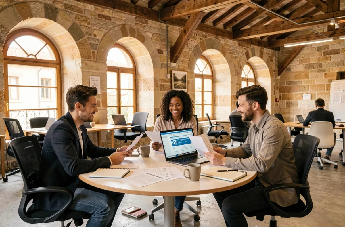 Réseau de prestataires WordPress WPMarmite Start réunis en réunion dans un co-working à Avignon